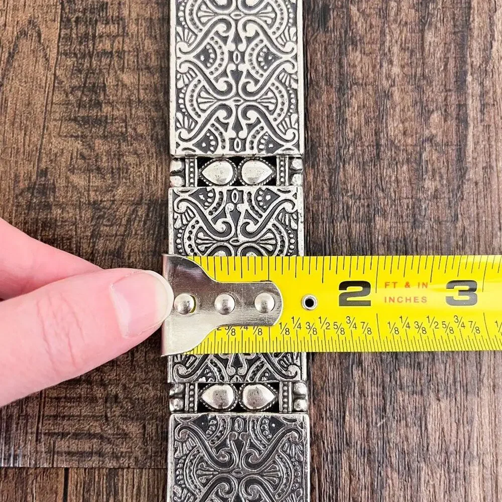 Beaded Metal Stretch Belt Hip Slung Embossed Boho Bohemian Size L/XL Silver Blk